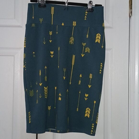 LuLaRoe Cassie Arrow Print Midi Pencil Skirt Teal & Yellow Size M NWOT - Picture 1 of 5